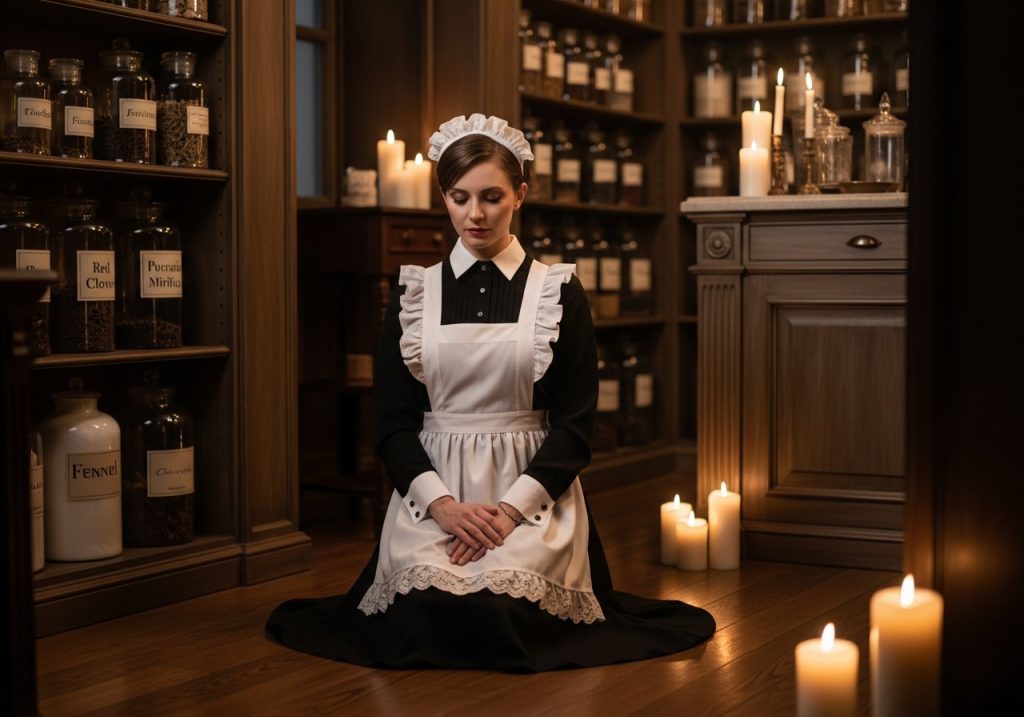 1 Adult sissy in classic maid uniform kneeling in a vintage apothecary with labeled feminization herbsDiscipline meets nature a respectful ritual with botanicals for feminization.