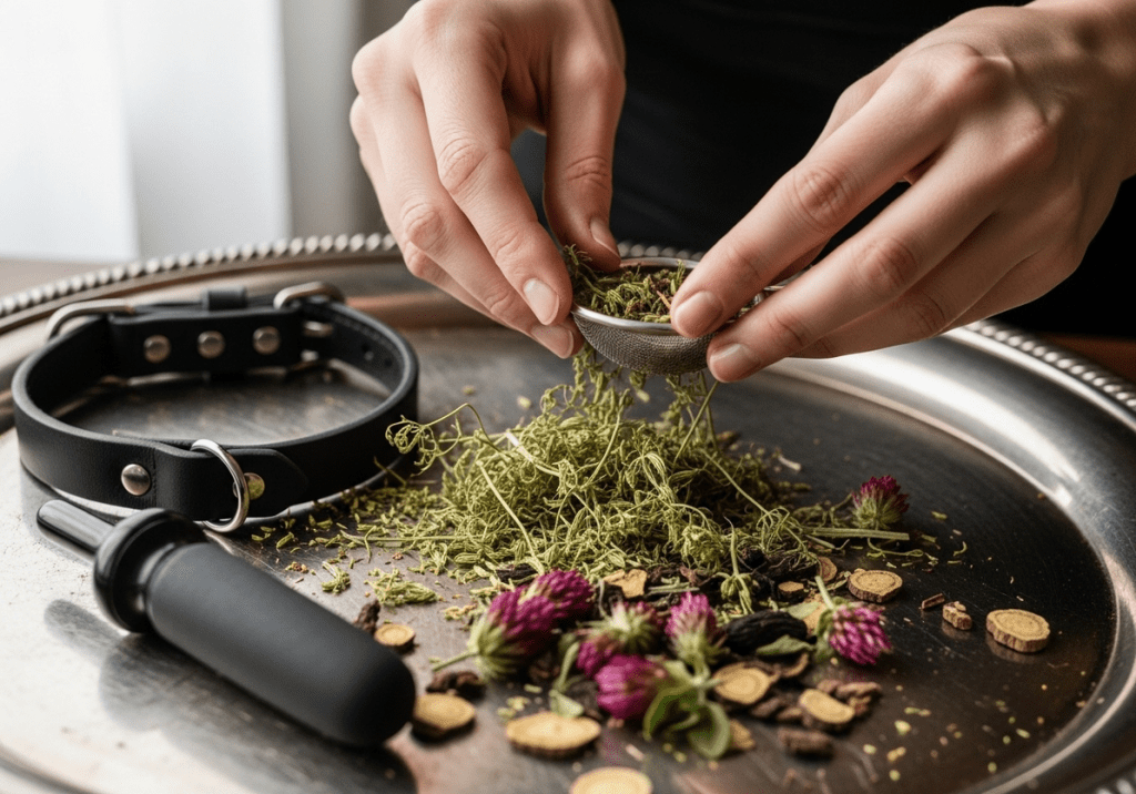2 Herbal tea ritual with fennel, red clover, and licorice beside a discreet training collarDaily devotion measure, steep, and sip with intention 2 Herbal tea ritual with fennel, red clover, and licorice beside a discreet training collarDaily devotion measure, steep, and sip with intention