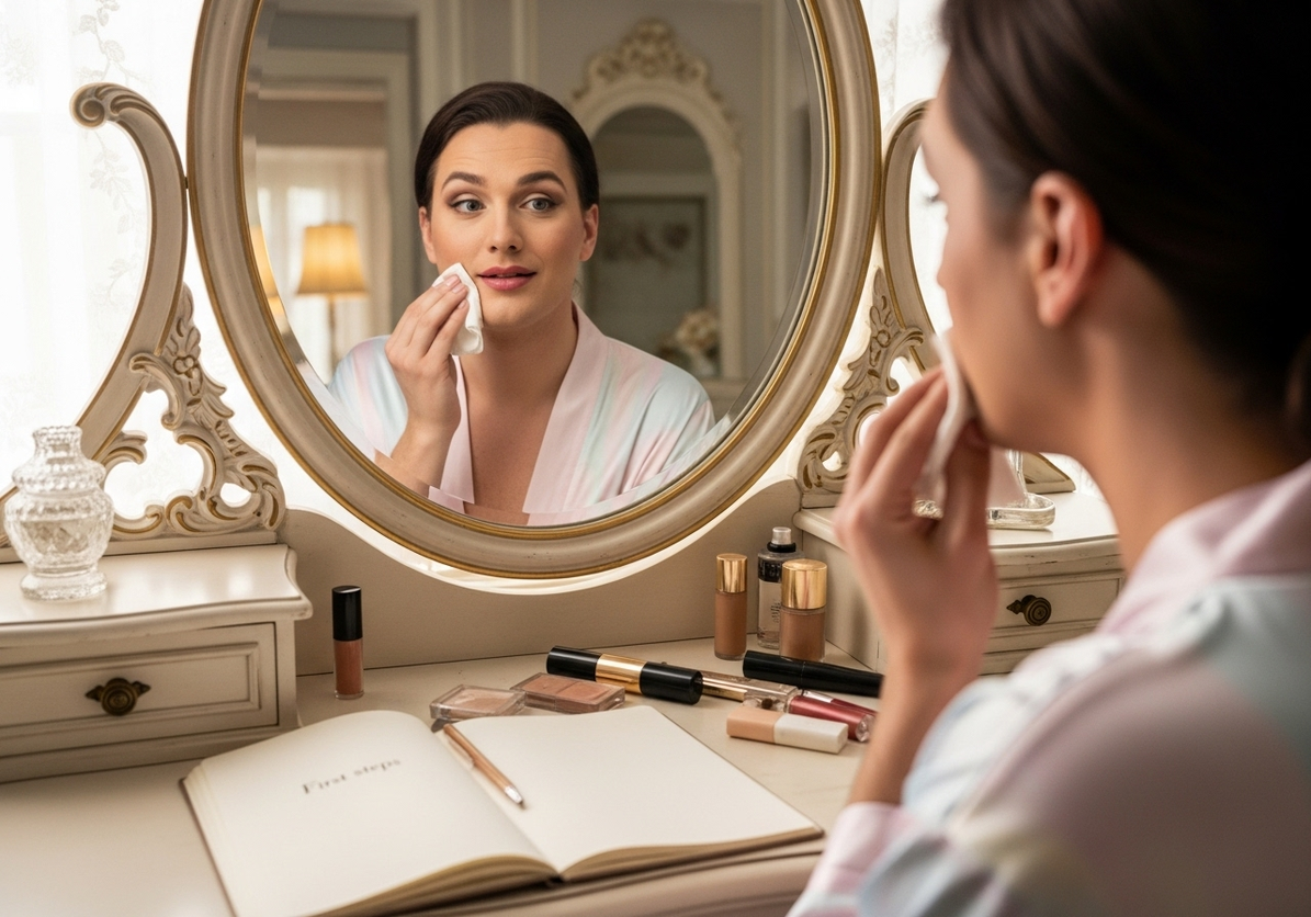 3 Tammy reflects at her vanity with journal and lipstick, beginning her transformation.From doubt to devotion—first honest reflections 3 Tammy reflects at her vanity with journal and lipstick, beginning her transformation.From doubt to devotion—first honest reflections