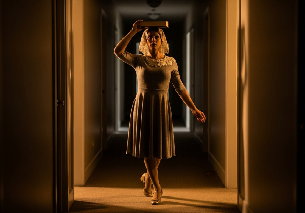 4 Tammy practices feminine posture with a book on her head in a classic hallway.Discipline starts with posture and poise 4 Tammy practices feminine posture with a book on her head in a classic hallway.Discipline starts with posture and poise
