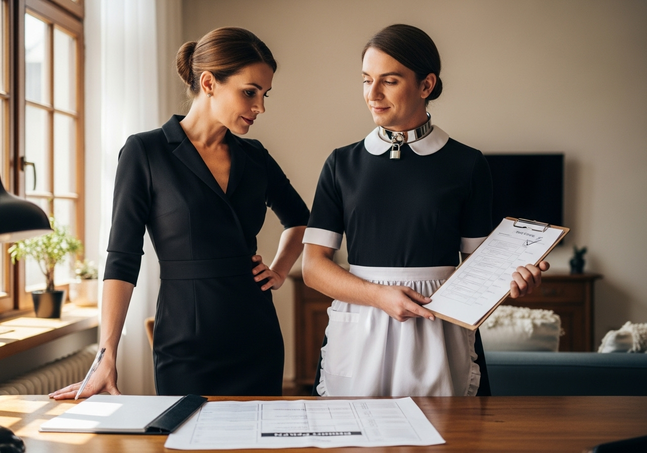 A confident wife and her devoted feminized spouse in partnership Authority and service create a harmonious, loving bond A confident wife and her devoted feminized spouse in partnership Authority and service create a harmonious loving bond