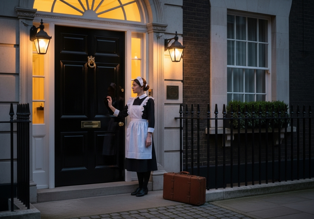 A poised maid-in-training stands before a grand oak door at dusk, ready to enter Madame Stewart’s world.At the threshold of service and surrender.