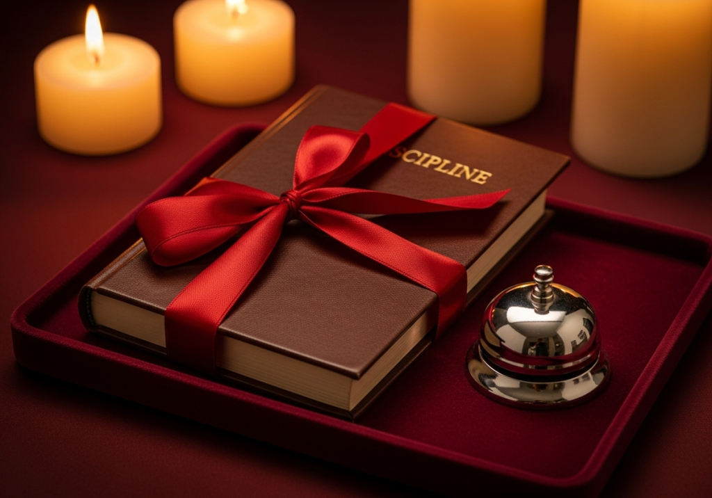 A satin-tied rulebook and bell symbolize disciplined surrender Desire is refined through rules, ritual, and restraint A satin-tied rulebook and bell symbolize disciplined surrender Desire is refined through rules, ritual, and restraint