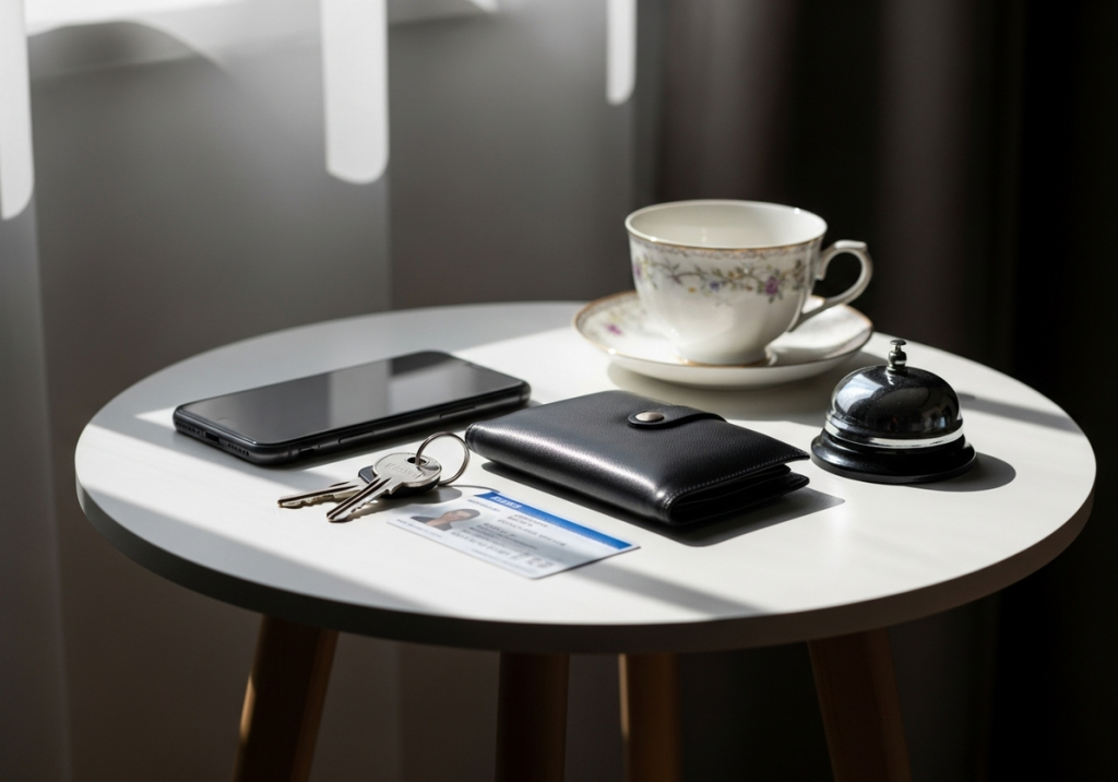A symbolic still life of phone, wallet, keys, and a silver bell—tokens surrendered to begin a new life.Tokens surrendered. A role accepted. A symbolic still life of phone, wallet, keys, and a silver bell—tokens surrendered to begin a new life.Tokens surrendered. A role accepted.
