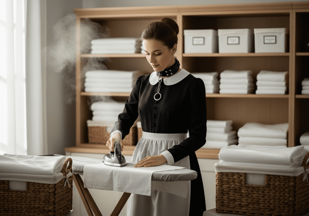 Adult sissy maid irons a white apron and folds linens with meticulous precision in a bright laundry room.Crisp lines, gentle hands devotion pressed into every fold Adult sissy maid irons a white apron and folds linens with meticulous precision in a bright laundry room.Crisp lines, gentle hands devotion pressed into every fold