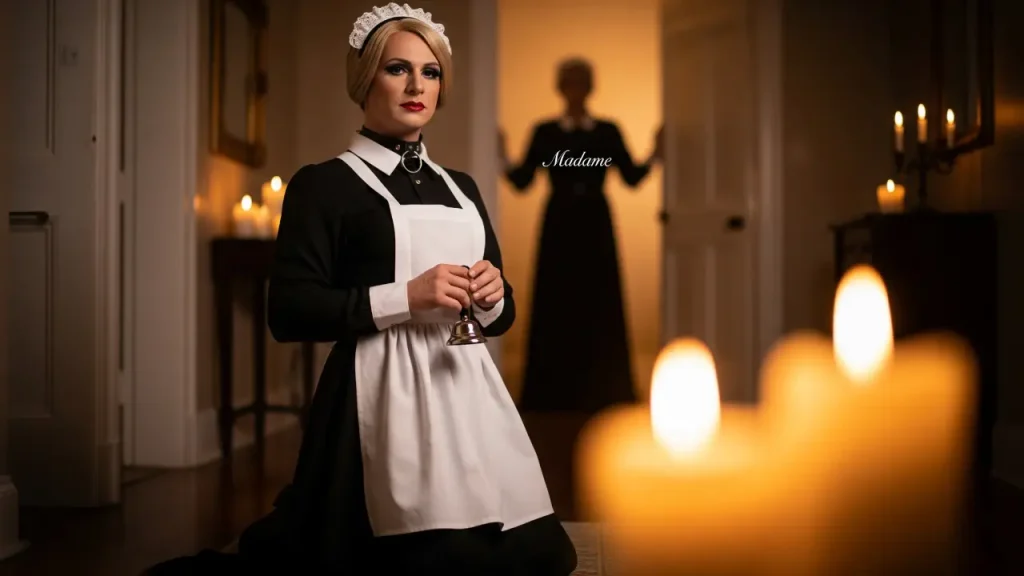 Adult sissy maid kneels with a silver bell; classic black-and-white uniform, subtle collar, Madame in the background.Quiet devotion_ a poised sissy maid awaiting Madame’s next instruction