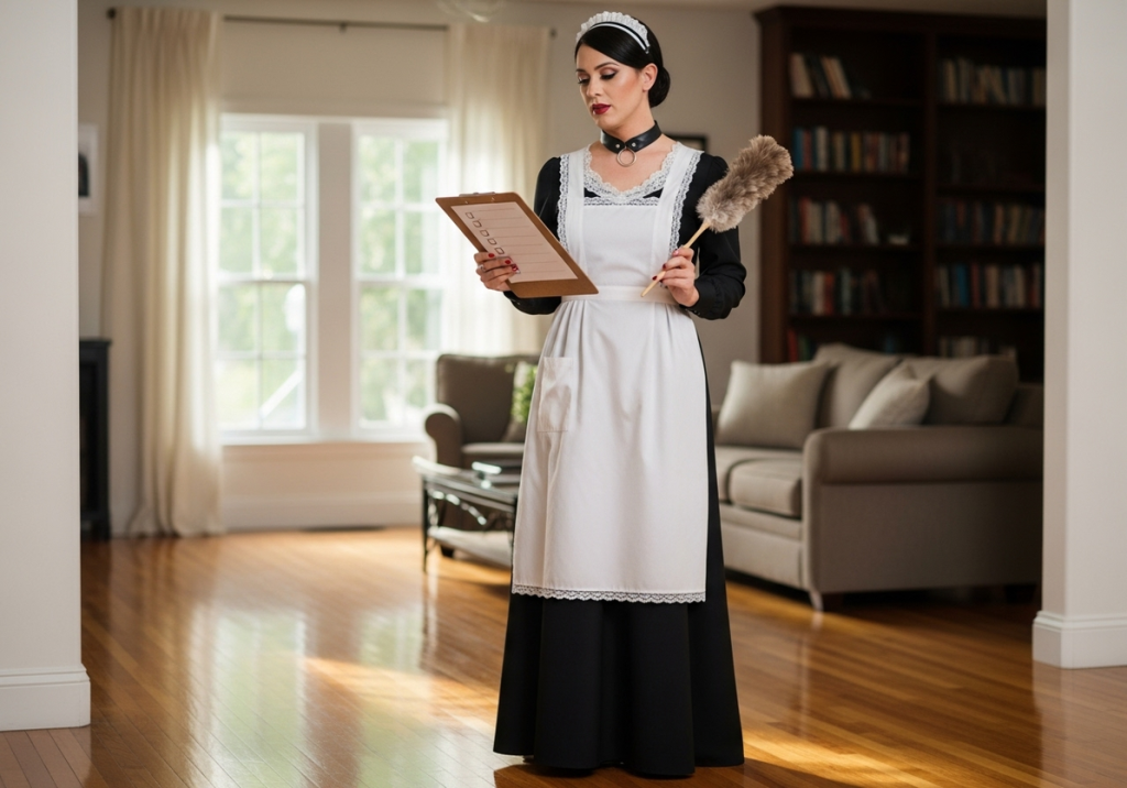 Adult sissy maid reviews a cleaning checklist with feather duster in a pristine living room.Order in motion every task checked, every surface serene. Adult sissy maid reviews a cleaning checklist with feather duster in a pristine living room.Order in motion every task checked, every surface serene.