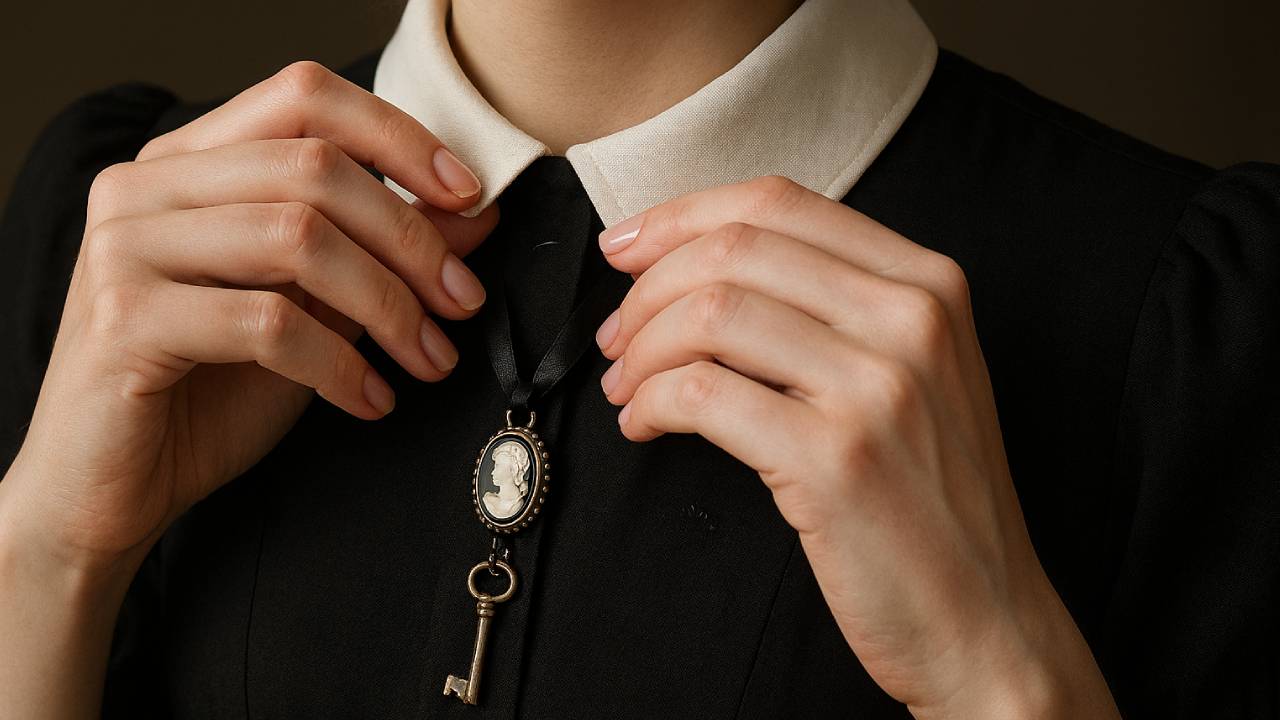 Close-up of a maid’s white collar, cameo brooch, and a satin-ribbon key, held by manicured hands. A gentle bow at the throat, a promise at the ribbon. A transfeminine maid in a cinched black uniform stands poised in a Victorian hallway on a rainy day. Entrance becomes femininity when poise replaces panic.