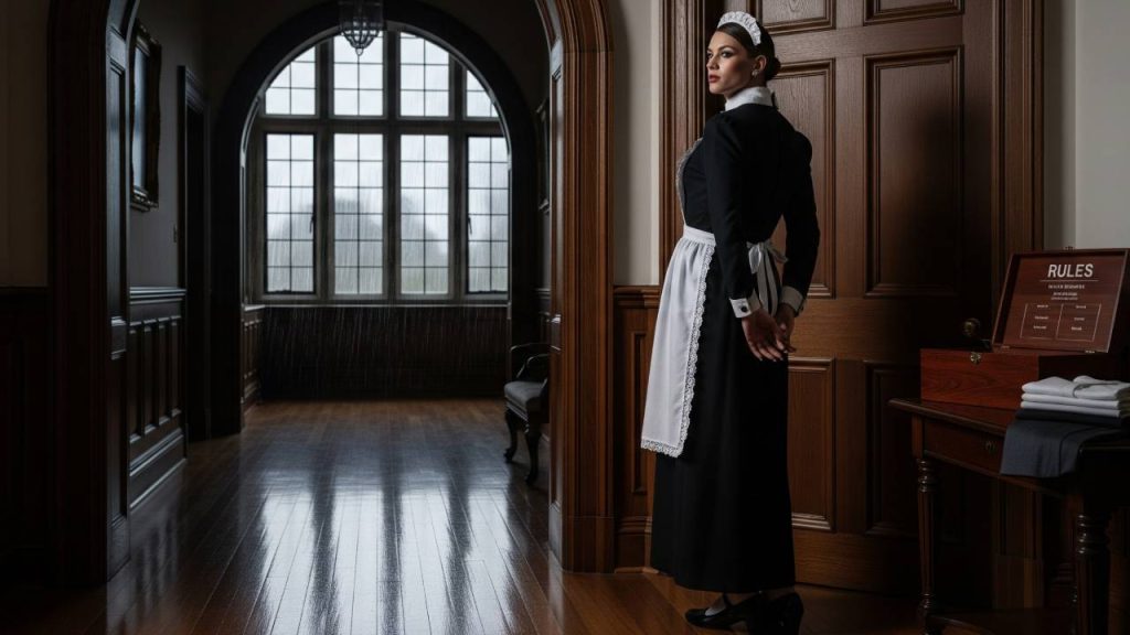 A transfeminine maid in a cinched black uniform stands poised in a Victorian hallway on a rainy day. Entrance becomes femininity when poise replaces panic.