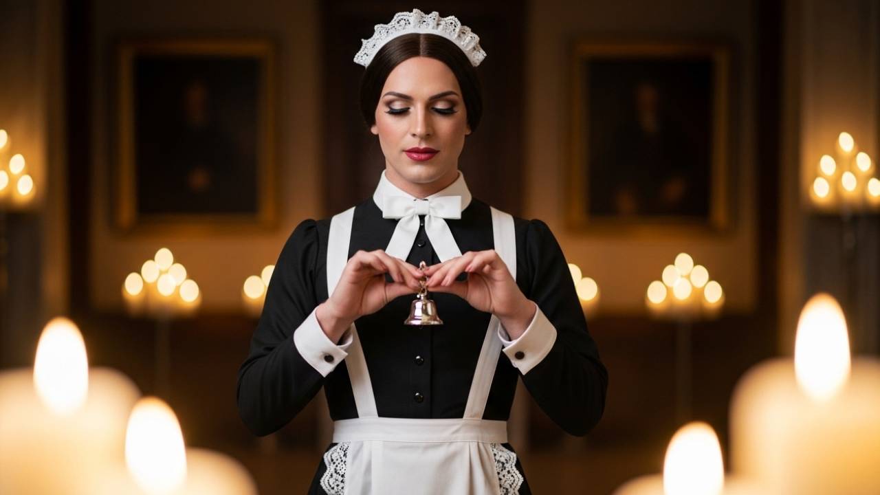 Femininity answers when the bell calls. Femininity answers when the bell calls. A transfeminine maid holds a silver service bell in a candlelit hall, gaze lowered with feminine poise. Femininity answers when the bell calls. Femininity answers when the bell calls. A transfeminine maid holds a silver service bell in a candlelit hall, gaze lowered with feminine poise.