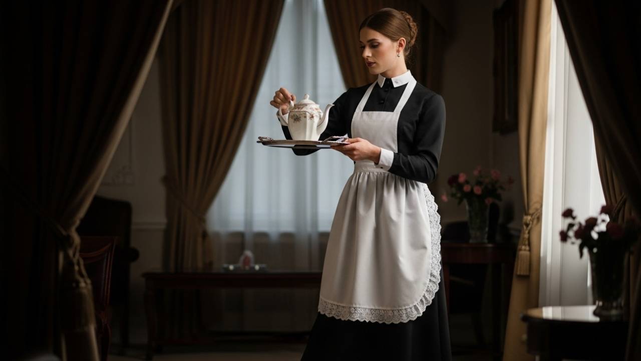 Femininity is the steadiness that never spills. A transfeminine maid with graceful posture pours tea from a silver tray in a refined salon. Femininity is the steadiness that never spills. A transfeminine maid with graceful posture pours tea from a silver tray in a refined salon.