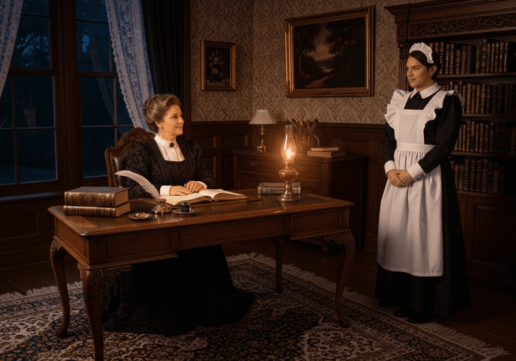 In the evening study, the maid listens with bowed head as Madame speaks with calm, unassailable authority.Lessons in place, purpose, and devotion. In the evening study, the maid listens with bowed head as Madame speaks with calm, unassailable authority.Lessons in place, purpose, and devotion.