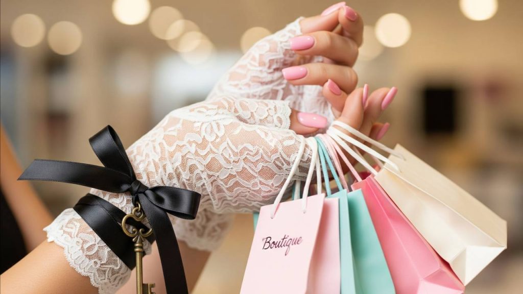 Lace-gloved hands holding shopping bags and a small brass key on ribbon, suggesting subtle charm and service.Flirt softly_ elegance in the hands, intention in every gesture. Lace-gloved hands holding shopping bags and a small brass key on ribbon, suggesting subtle charm and service.Flirt softly_ elegance in the hands, intention in every gesture.
