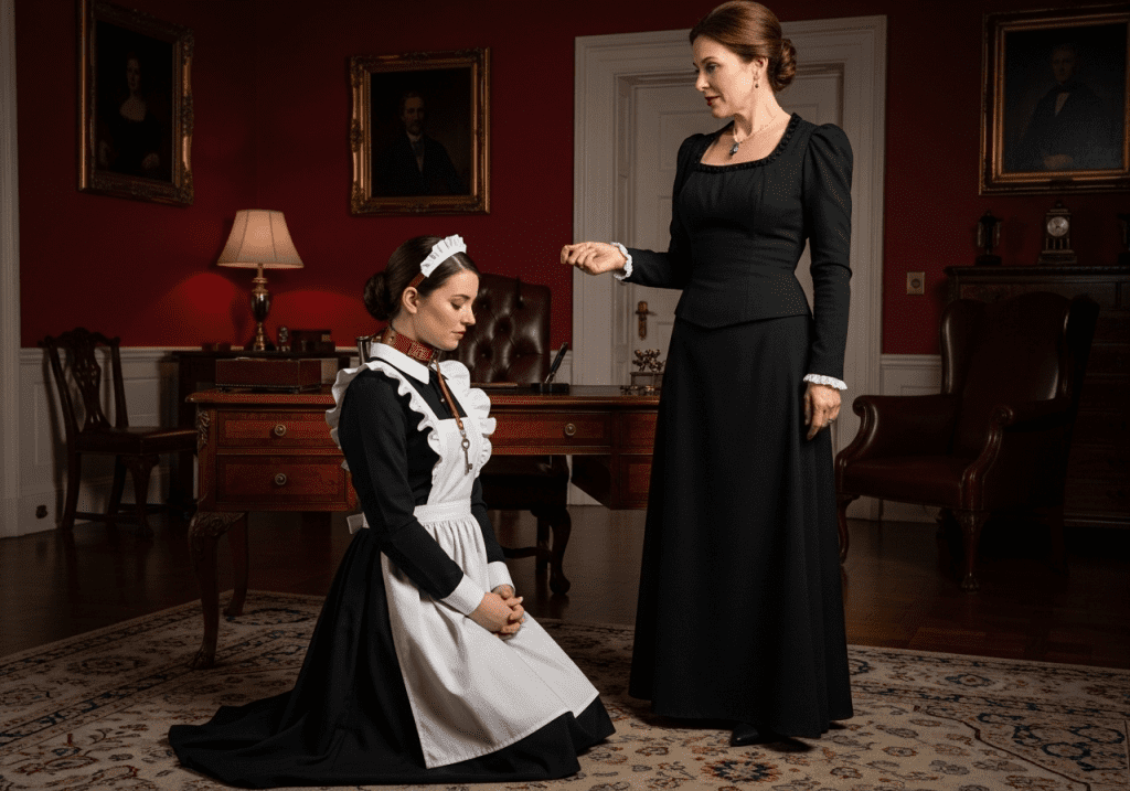 Madame offers calm guidance to an adult sissy maid in classic uniform under warm parlor light.Guidance and grace instruction delivered with authority and care Madame offers calm guidance to an adult sissy maid in classic uniform under warm parlor light.Guidance and grace instruction delivered with authority and care