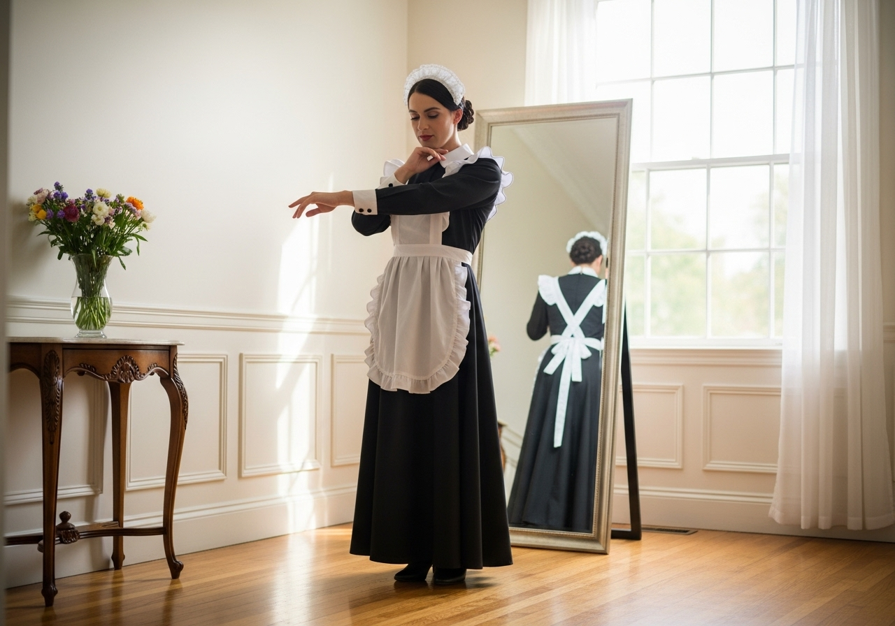 Practicing graceful posture and demure presence in the mirror Grace is trained posture, breath, and a demure gaze Practicing graceful posture and demure presence in the mirror Grace is trained posture breath and a demure gaze