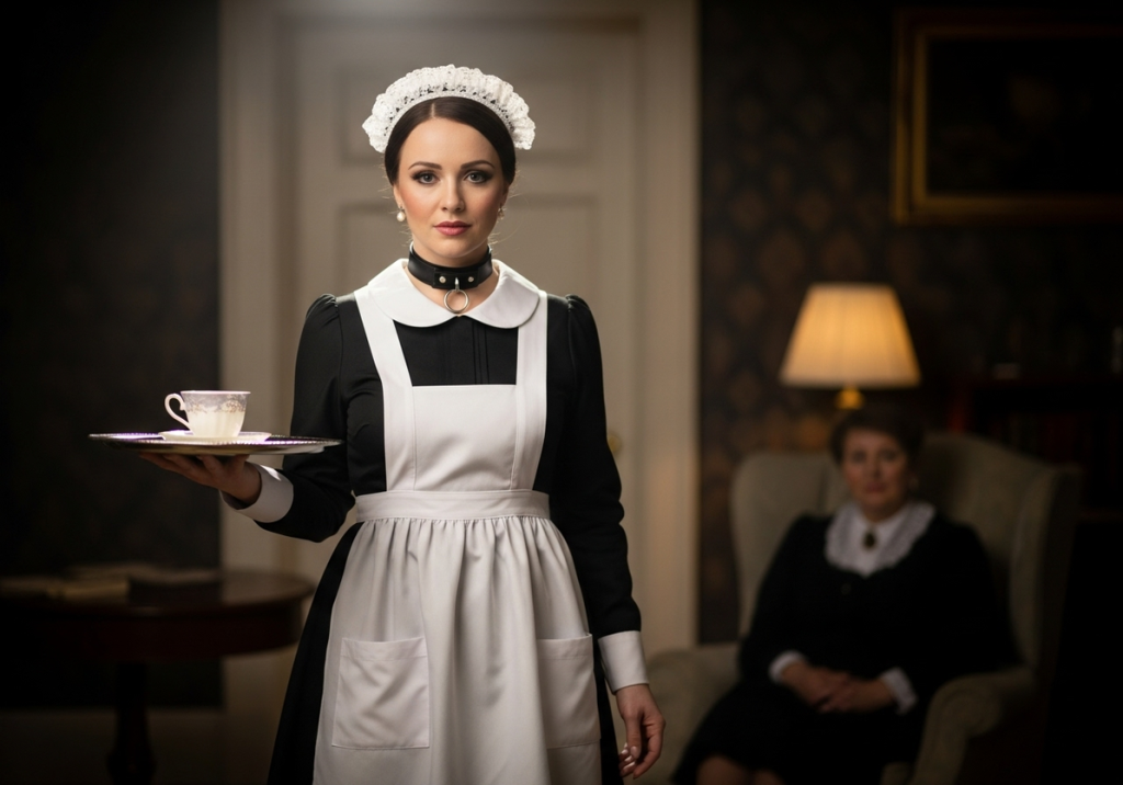 Sissy Tammy serves Madame Stewart in an elegant study, fully clothed maid uniform and collar, non-sexual, adults 25+.Devotion in motion—Tammy serving Madame Stewart with grace (consensual, adults only)
