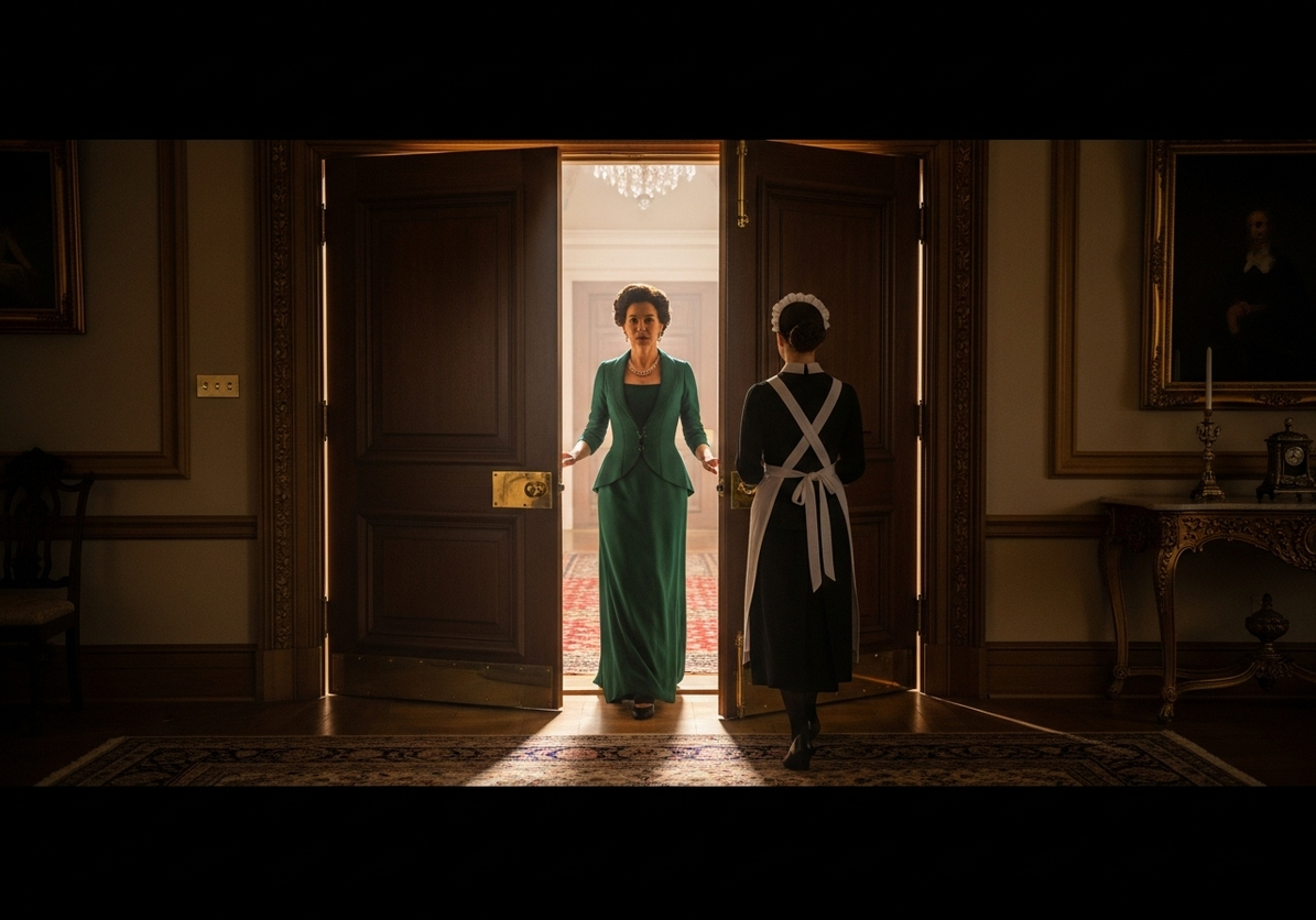 The door opens to reveal Madame Stewart’s composed authority as the maid steps inside.“Enter.” A first glimpse of Madame Stewart. The door opens to reveal Madame Stewart’s composed authority as the maid steps inside.“Enter.” A first glimpse of Madame Stewart.