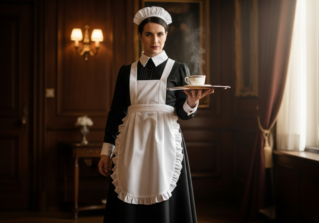 Traditional maid in formal uniform serving tea on a silver tray, poised and obedient. 2 Traditional maid in formal uniform serving tea on a silver tray, poised and obedient. 2