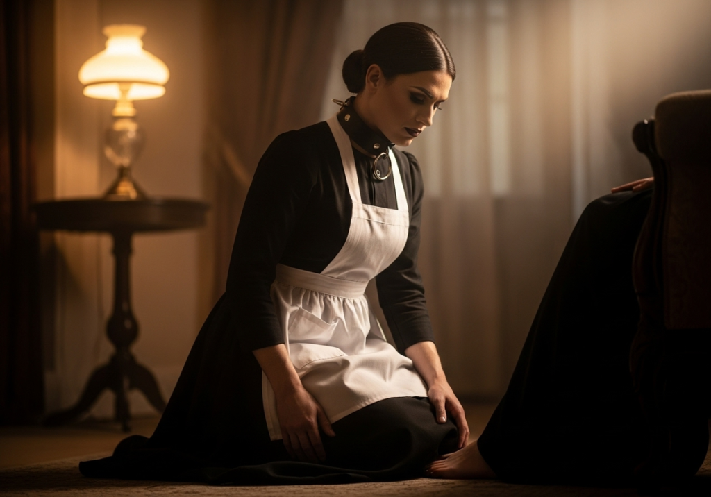 Transfeminine adult maid kneels at her Madame’s feet in a Victorian room, wearing a formal uniform and collar; consensual, non-sexual BDSM scene.“Getting Real” begins with poise, protocol, and consensual