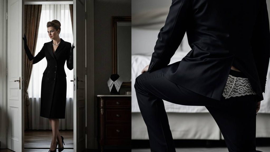 1 Madame Stewart at the boudoir doorway as her suited husband kneels—refined, disciplined BDSM, no nudity.From boardroom to boudoir_ discipline dressed in elegance