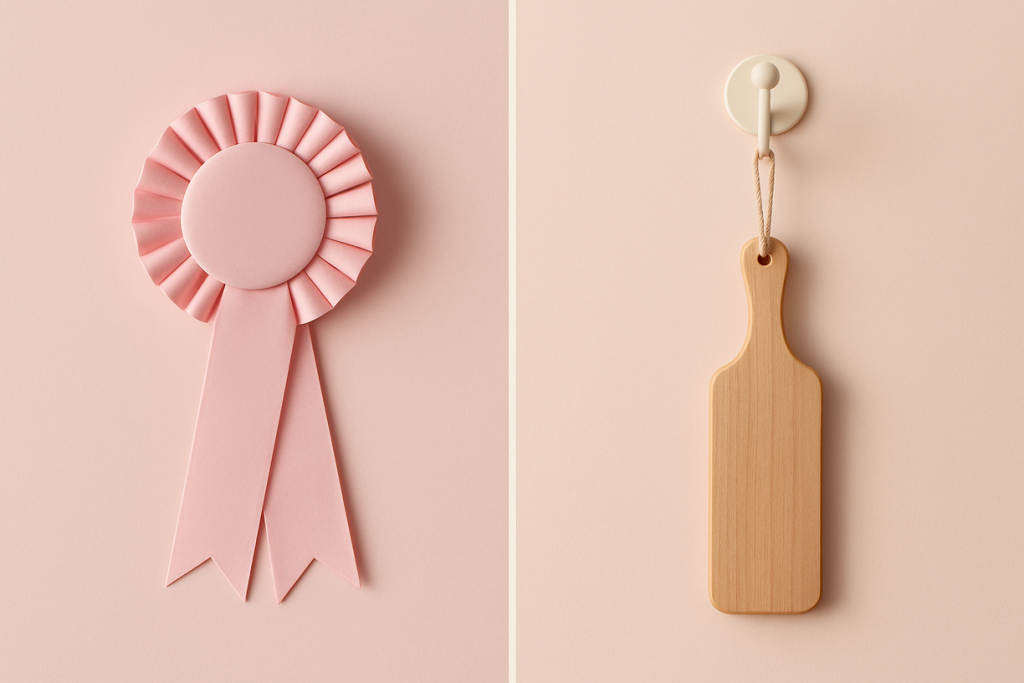 Balanced symbols—rosette for reward, paddle for correction.Correction refines; reward affirms Balanced symbols—rosette for reward, paddle for correction.Correction refines; reward affirms