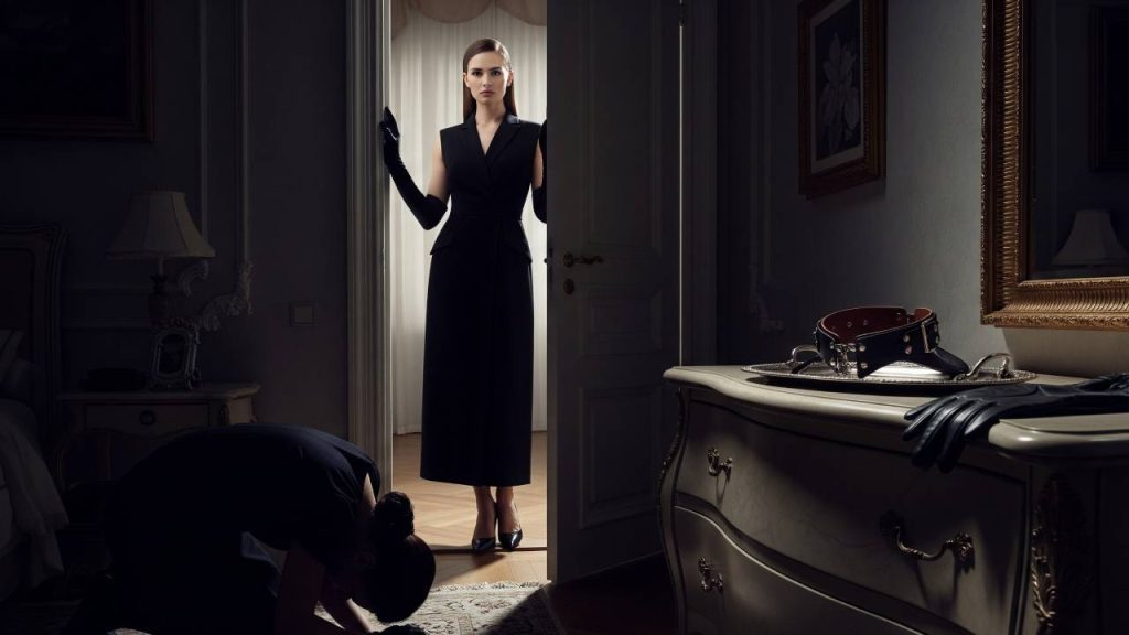 Poised Mistress at the boudoir—elegant femdom authority with subtle BDSM cues.Your path begins under Her calm, absolute authority